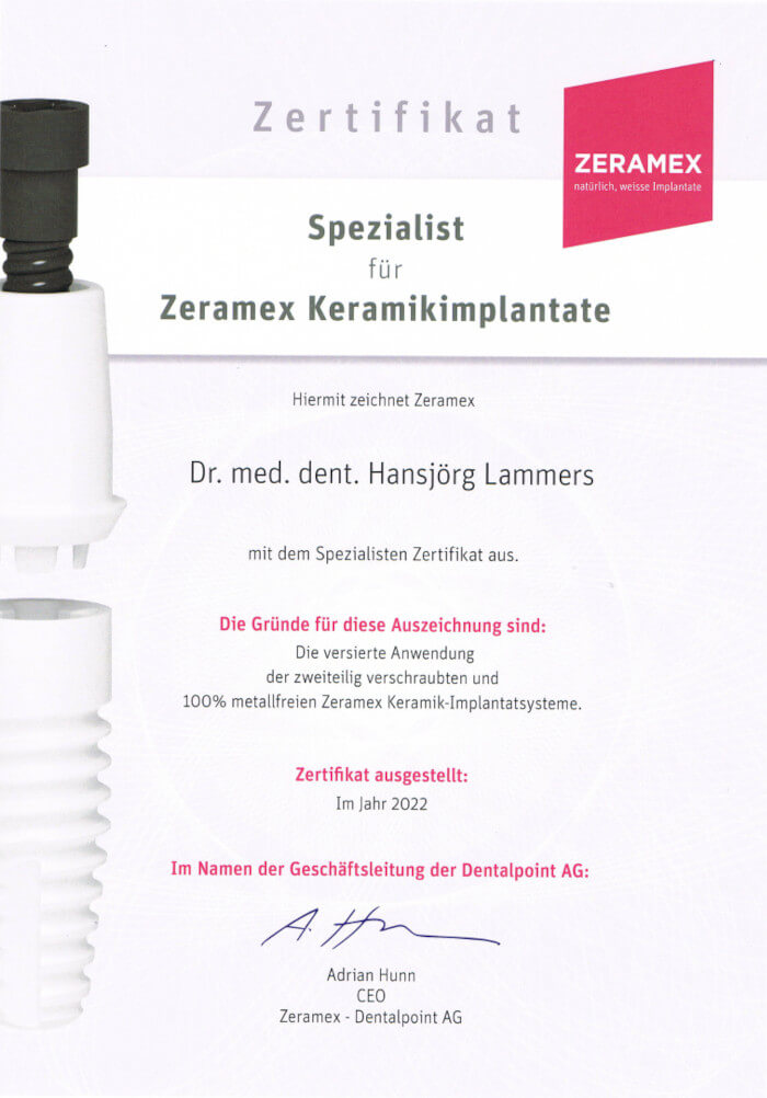 Ein Zertifikat der Zahnarztpraxis in Düsseldorf für die Legitimierung von Behandlungen mit Zeramex